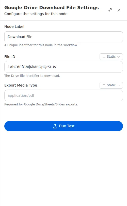 The Google Drive Download File node configuration panel, showing the file id and export format.