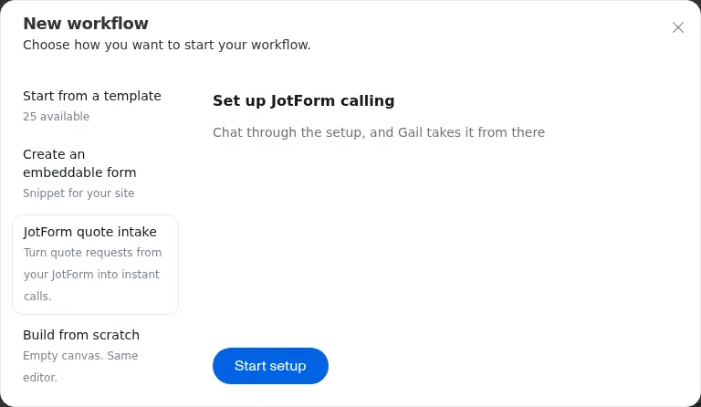 The JotForm quote intake option in the New workflow dialog, with its Start setup button.