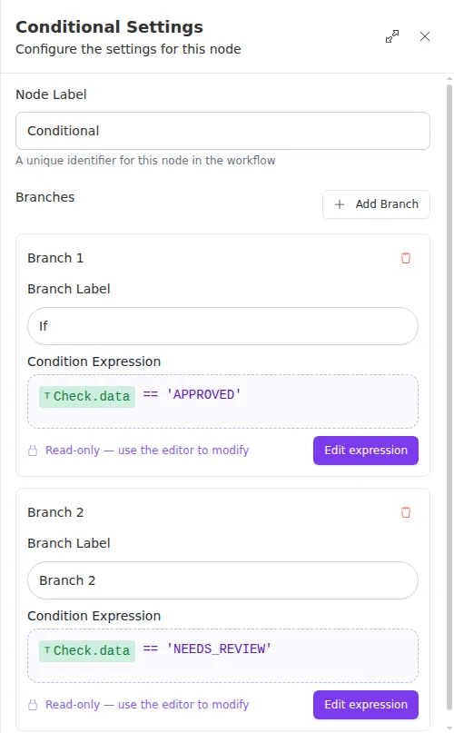 The Conditional node configuration panel, showing branches with labels and condition expressions.