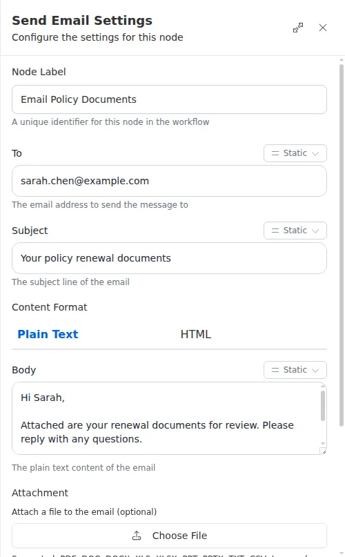 The Send Email configuration panel, showing the recipient, subject, and body fields.
