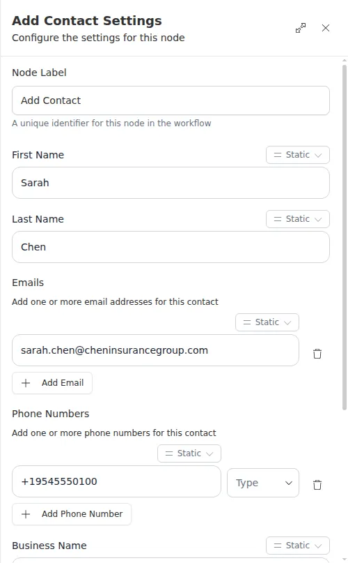 The Add Contact node configuration panel, showing first name, last name, emails, and phone numbers.