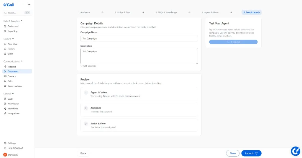 Test & Launch step with campaign review and launch button