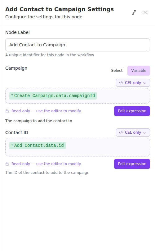 The Add Contact to Campaign node configuration panel, showing the campaign and contact ID fields.