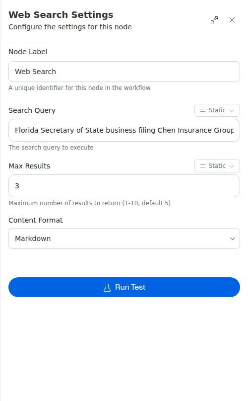 The Web Search node configuration panel, showing the search query, max results, and content format.