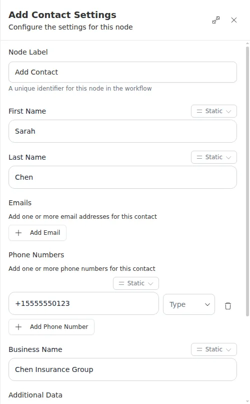 The Add Contact settings panel with first name, last name, phone number, and business name.