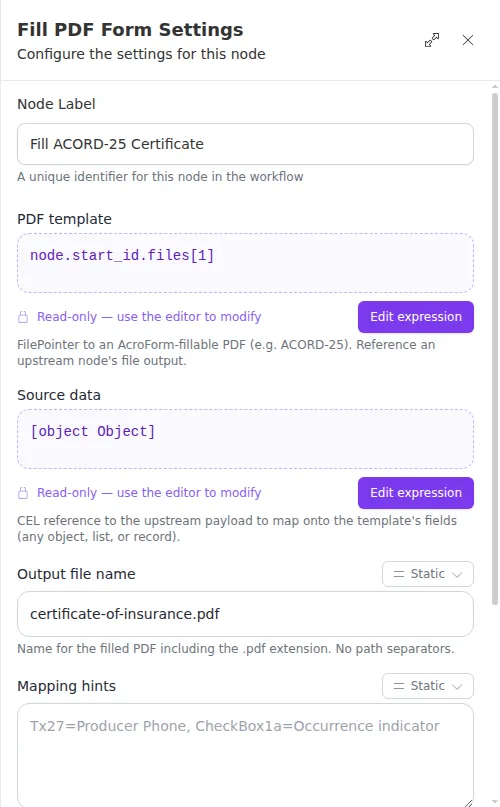 The Fill PDF Form configuration panel, showing the template, source data, and output file name fields.