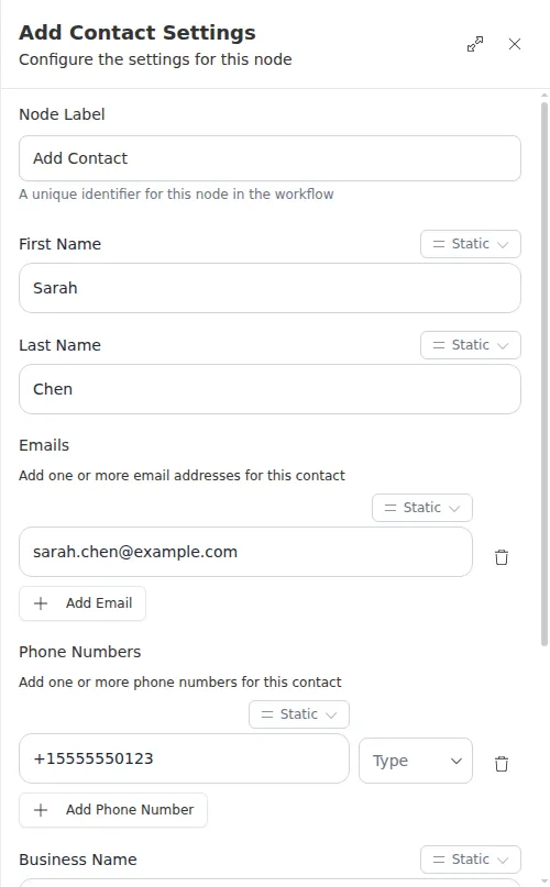 The Add Contact settings panel with the new lead's name, email, phone, and business.