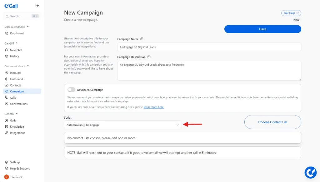 Select a script for the campaign