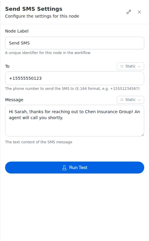 The Send SMS settings panel with a recipient phone number and a welcome message.
