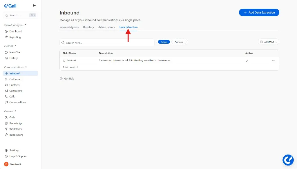 Data Extraction tab in Inbound