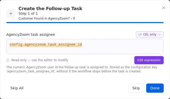 The setup walkthrough asking for the AgencyZoom task assignee, with Skip All, Skip, and Done.