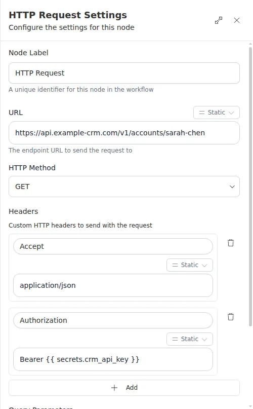 The HTTP Request node configuration panel, showing the URL, HTTP method, and headers.