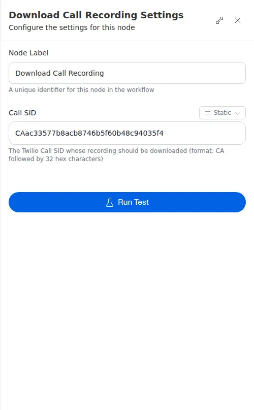 The Download Call Recording node configuration panel, showing the call identifier field.