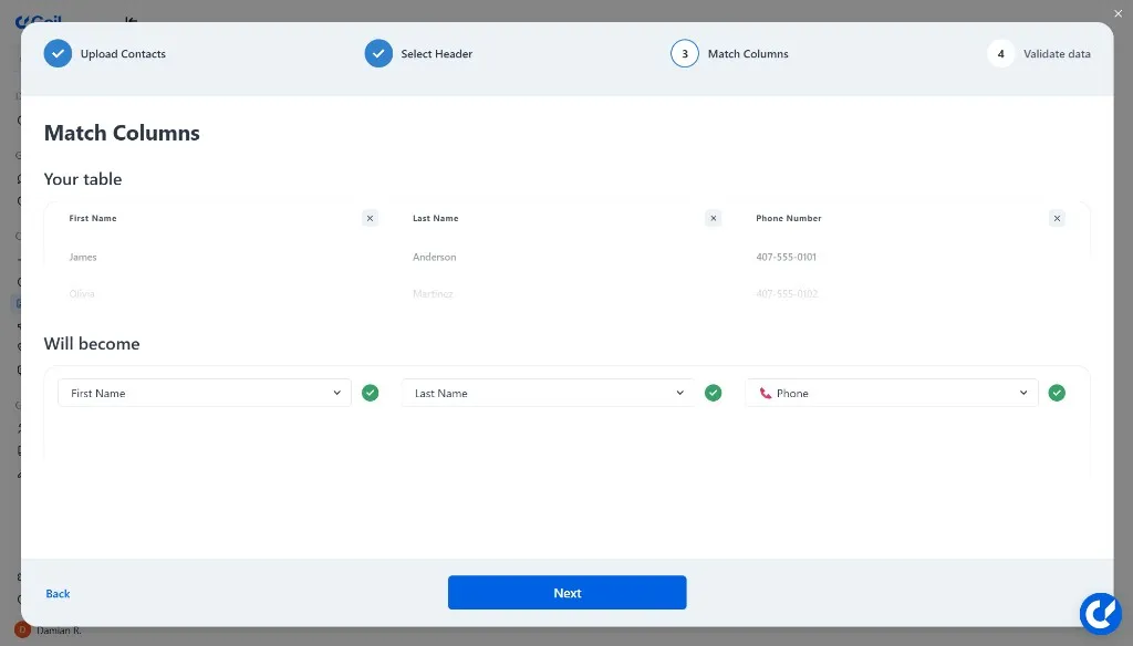Match Columns mapping screen