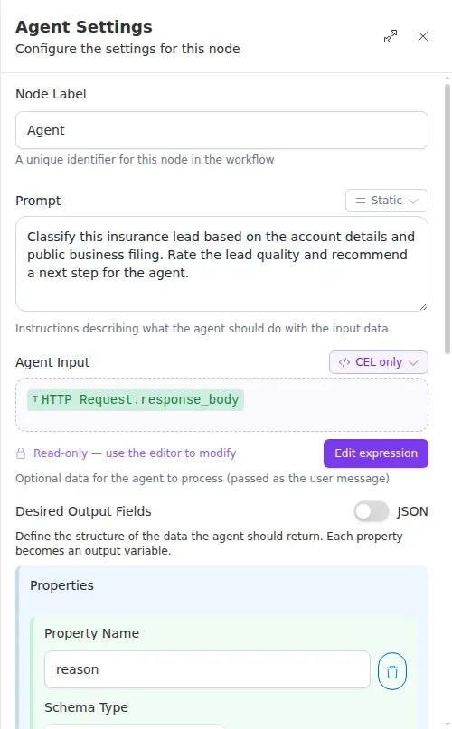 The Agent node configuration panel, showing the prompt, agent input, and desired output fields.