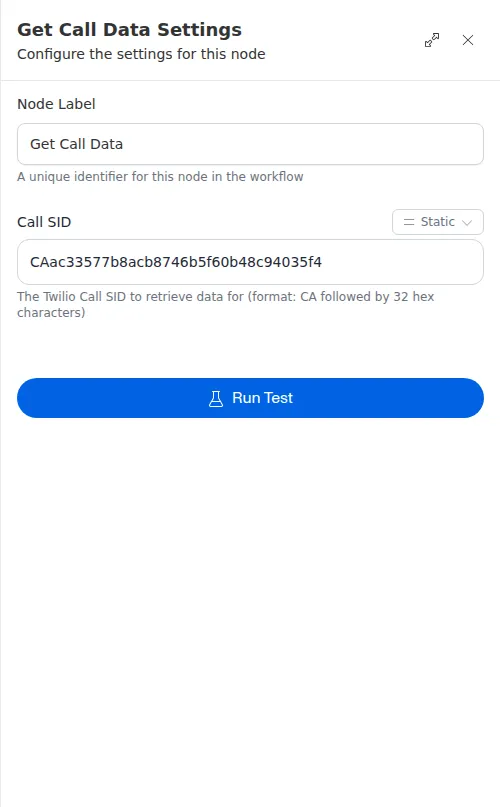The Get Call Data node configuration panel, showing the call identifier field.