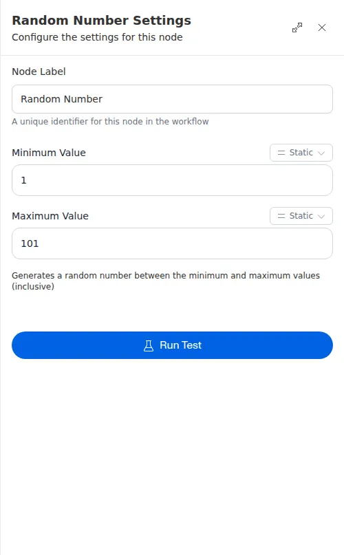 The Random Number node configuration panel, showing a minimum and maximum value.