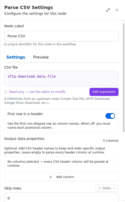 The Parse CSV settings panel: the CSV file set to sftp-download.data.file with first-row-is-a-header turned on.