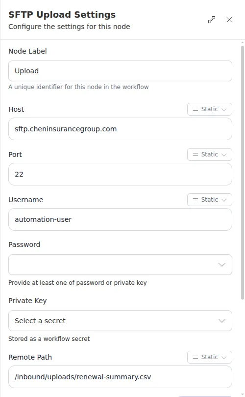 The SFTP Upload node configuration panel, showing the server, destination path, and file.