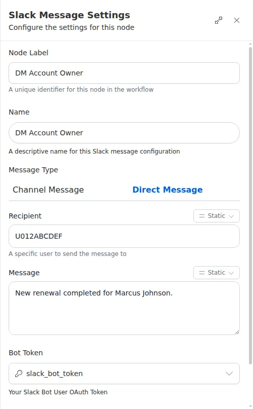 The Direct Message configuration panel, showing the recipient, message, and connection fields.
