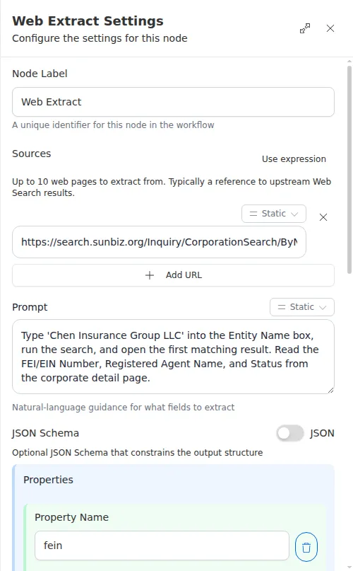 The Web Extract node configuration panel, showing sources, a prompt, and an optional JSON schema.