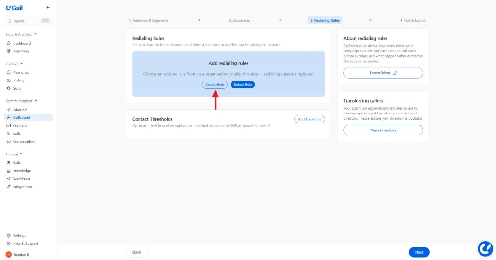 Redialing Rules step with Create Rule option