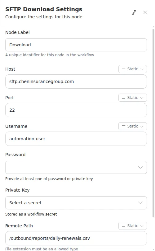 The SFTP Download node configuration panel, showing the server, credentials, and file path.