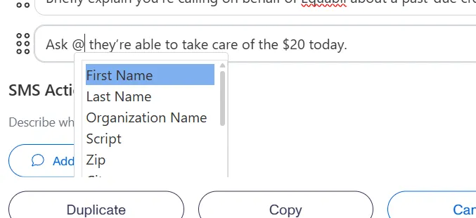 Variable dropdown in action steps