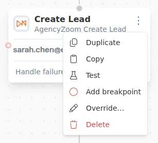 A node's menu, with Add breakpoint and Override... alongside Duplicate, Copy, Test, and Delete.