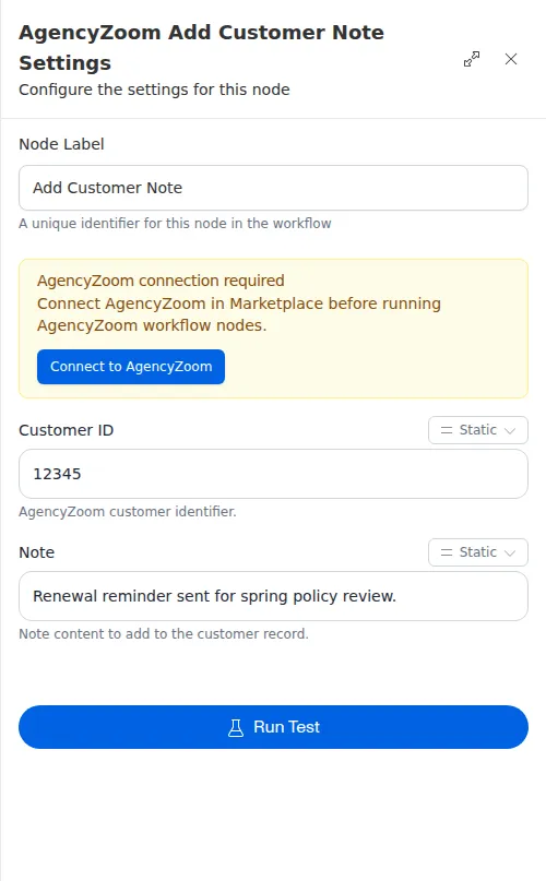 The AgencyZoom Add Customer Note node configuration panel, showing the customer id and note text.