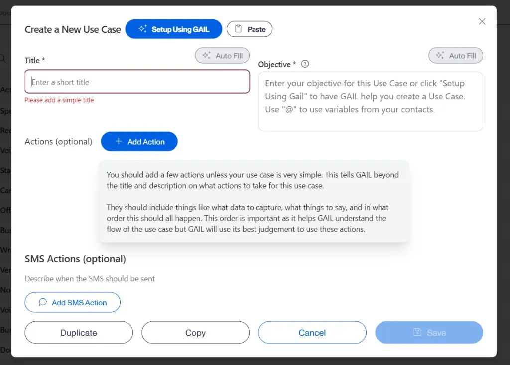 Create a New Action form