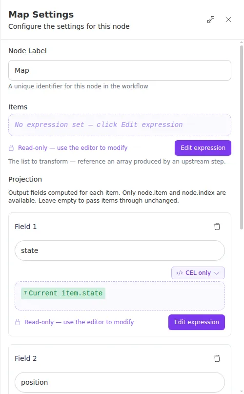 The Map node configuration panel, showing the items list and the per-item projection fields.