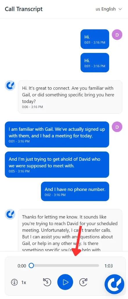 Call transcript with audio player
