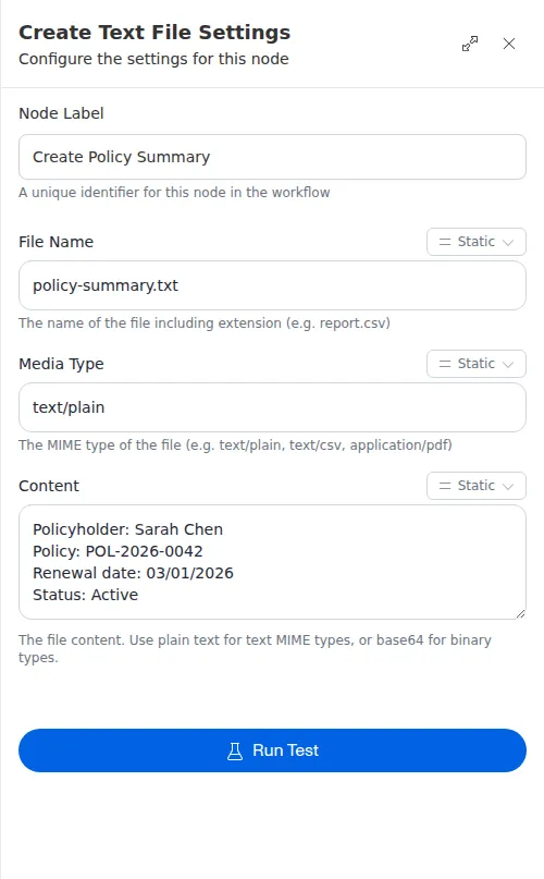 The Create Text File configuration panel, showing the file name, media type, and content fields.