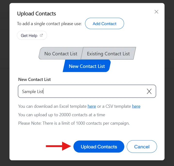 Click Upload Contacts to finish