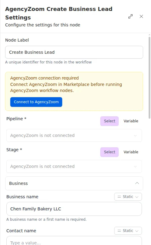 The AgencyZoom Create Business Lead node configuration panel, showing the pipeline, stage, and business fields.