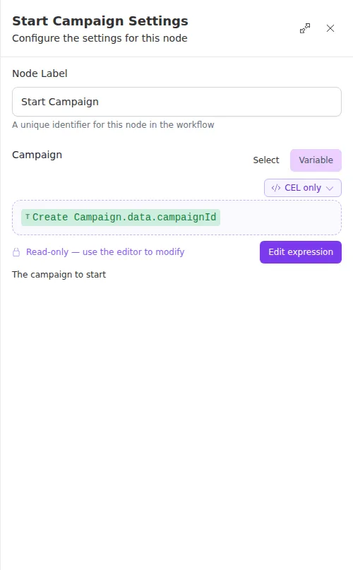 The Start Campaign node configuration panel, showing the campaign ID field.