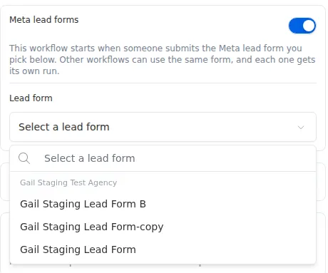 The Meta lead forms section of the Start node, listing lead forms from a connected Page.