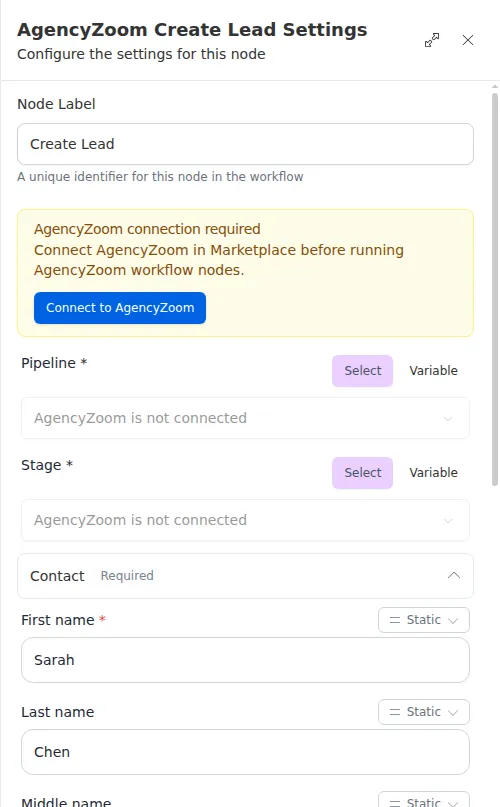 The AgencyZoom Create Lead node configuration panel, showing the pipeline, stage, and contact fields.