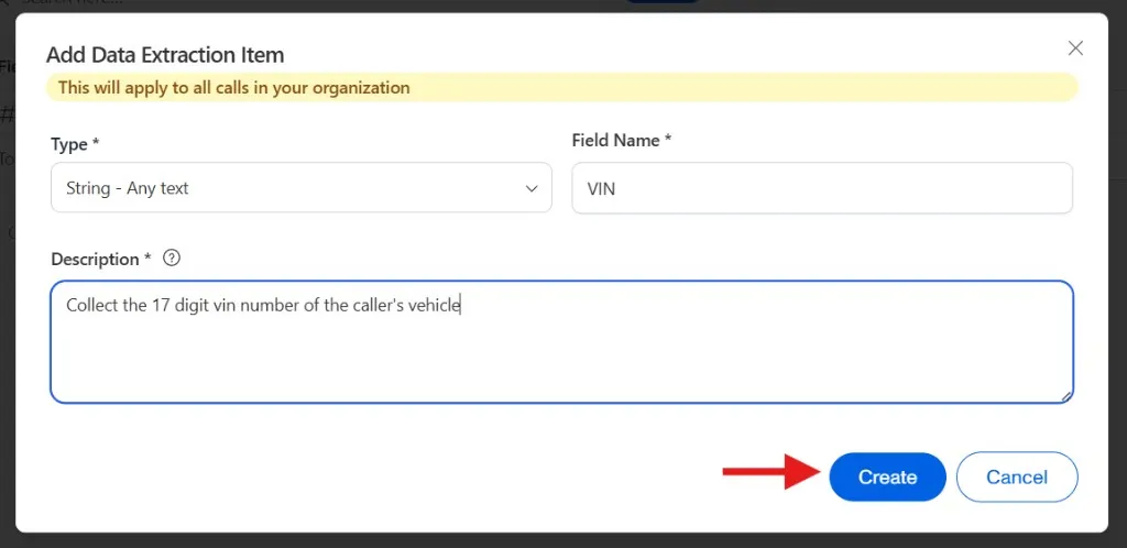 Create button to save Data Extraction Item