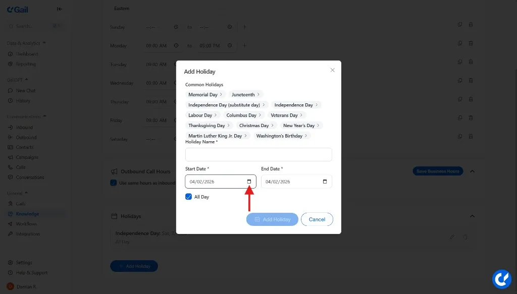 Add Holiday Dialog
