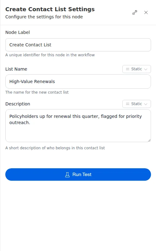 The Create Contact List node configuration panel, showing the list name and description.