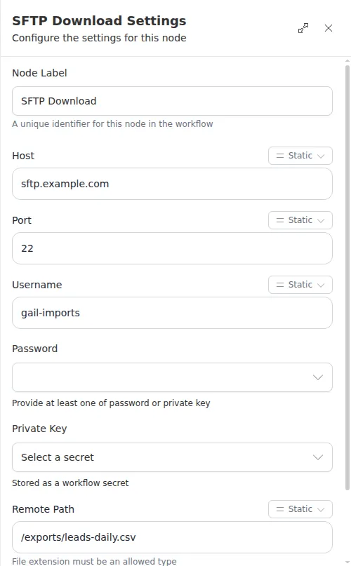 The SFTP Download settings panel: host, port, username, remote path, and secret pickers for the password and private key.