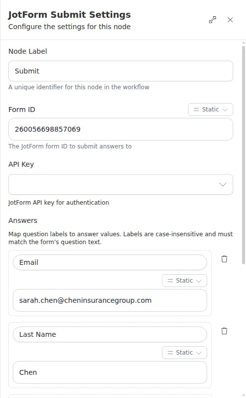 The JotForm Submit node configuration panel, showing the form id, answers, and API key.