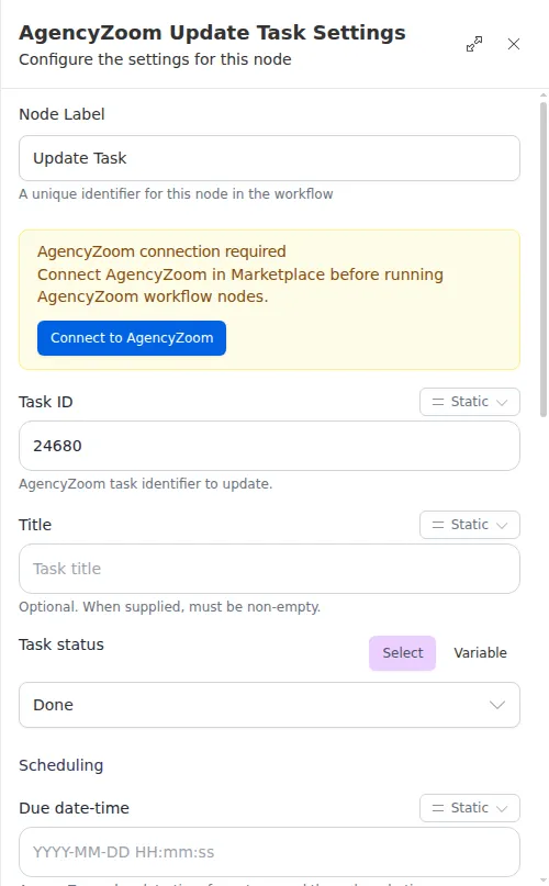The AgencyZoom Update Task node configuration panel, showing the task id and the fields to change.