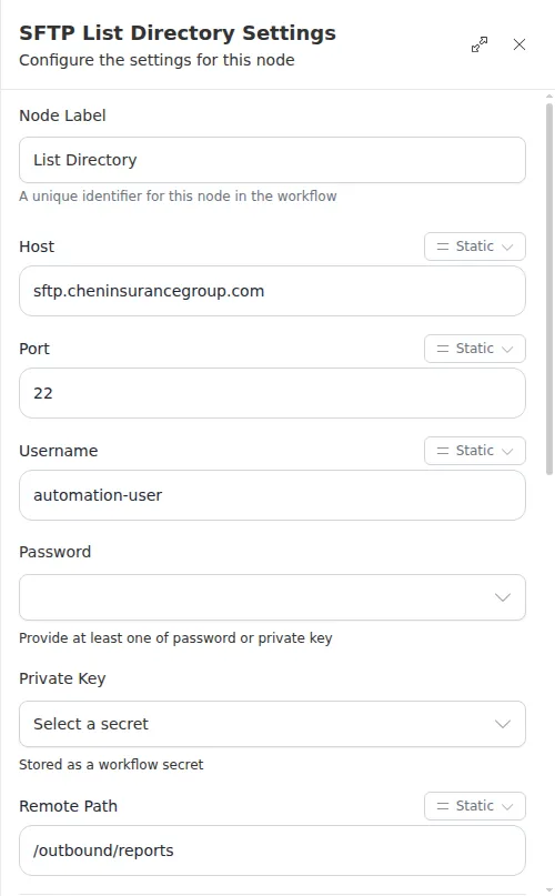 The SFTP List Directory node configuration panel, showing the server, directory, and filters.