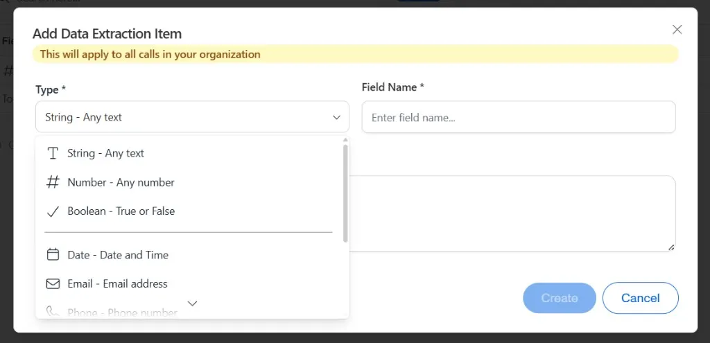 Add Data Extraction Item type dropdown