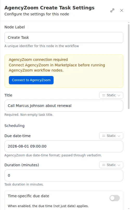 The AgencyZoom Create Task node configuration panel, showing the title, due time, and links.