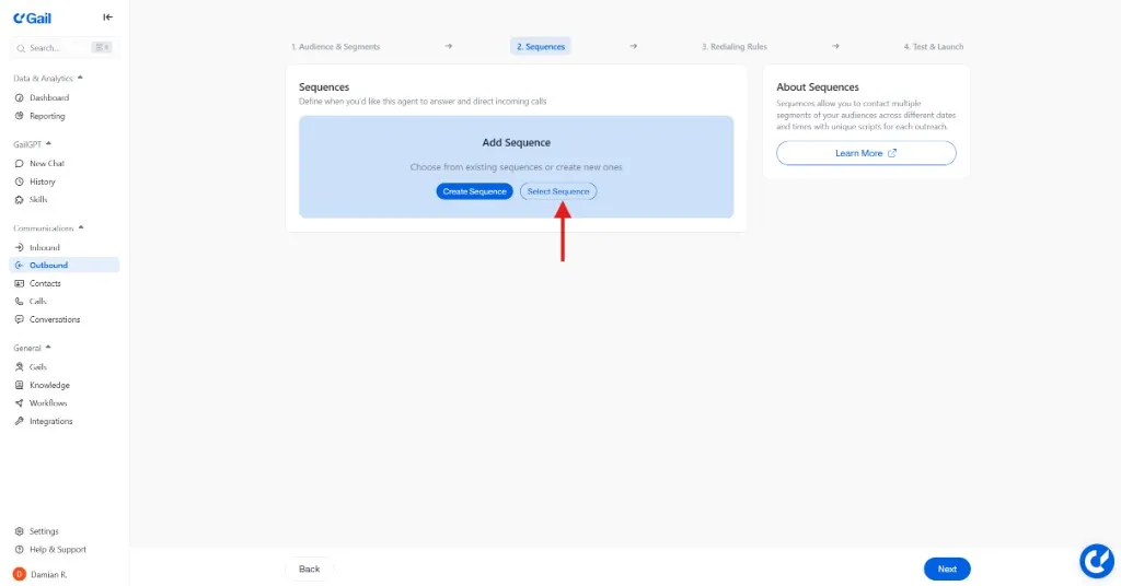 Sequences step with Select Sequence option