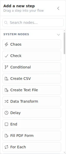 The Add a new step picker, listing the steps you can add to a workflow.